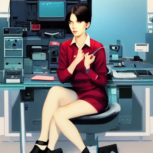 Image similar to hacker girl sits at an apple ] [ e computer in the 1 9 8 0 s, realistic shaded lighting poster by ilya kuvshinov katsuhiro otomo, magali villeneuve, artgerm, jeremy lipkin and michael garmash and rob rey