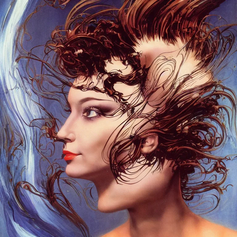 Prompt: rotation 2 0 ° of a portrait of a woman with swirling hair and fractal skin by frank frazetta, retrofuturism, psychedelic art reimagined by industrial light and magic