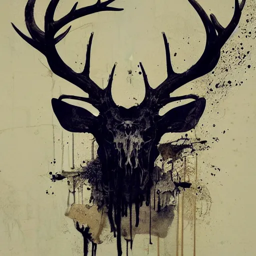 Image similar to lehsen with deer skull deer antlers by emil melmoth zdzislaw belsinki craig mullins yoji shinkawa realistic render ominous detailed photo atmospheric by jeremy mann francis bacon and agnes cecile ink drips paint smears digital glitches glitchart