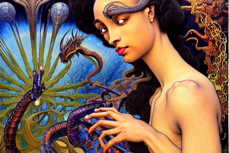 Prompt: realistic extremely detailed closeup portrait painting of a beautiful black woman wearing futuristic dress, mutant dragon on background by Jean Delville, Amano, Yves Tanguy, Alphonse Mucha, Ernst Haeckel, Edward Robert Hughes, Roger Dean, rich moody colours