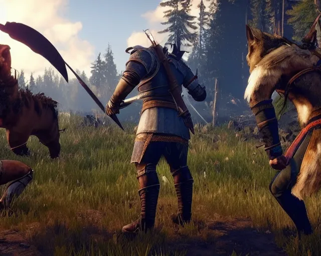 Prompt: gerald of rivia fighting furries from witcher 3 ( 2 0 1 5 videogame )