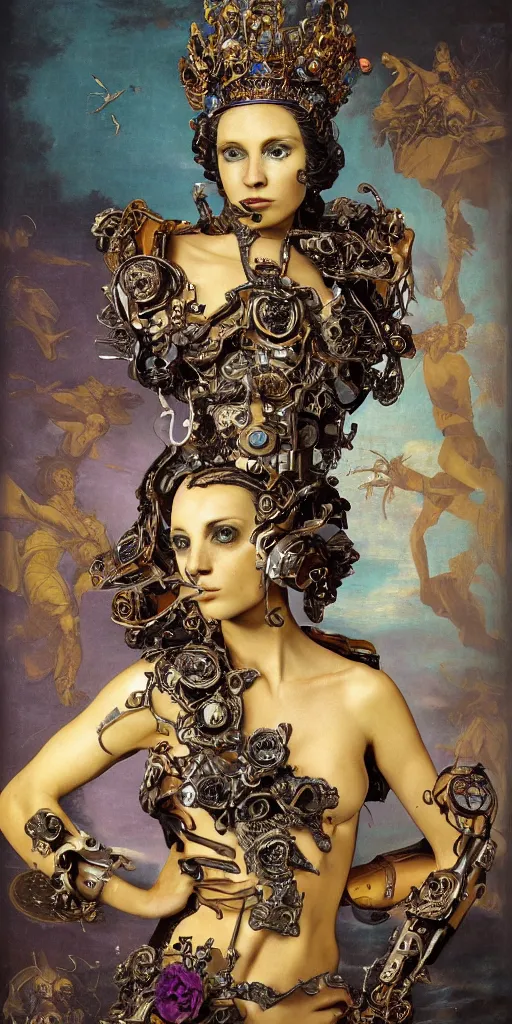 Image similar to a young beautiful Spanish metal android with a large glowing yellow lit crystal in the center of her chest, full-body bronze cyberpunk style statue of Venus with glowing purple eyes, crown of mechanical peach roses, flowing teal-colored silk, fabric, steampunk flowers. baroque elements, human skull. full-length view. baroque element. intricate artwork by caravaggio. many flying horses on background. Trending on artstation, octane render, cinematic lighting from the right, hyper realism, octane render, 8k, depth of field, 3D