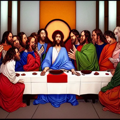 Image similar to photorealistic evangelion at jesus's last supper, Hyperdetailed, 108 Megapixels