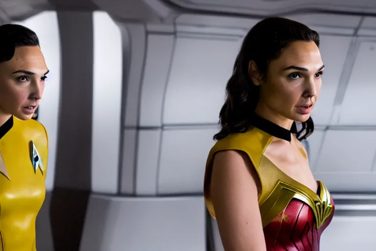 Image similar to Gal Gadot, wearing a yellow uniform, is the captain of the starship Enterprise in the new Star Trek movie