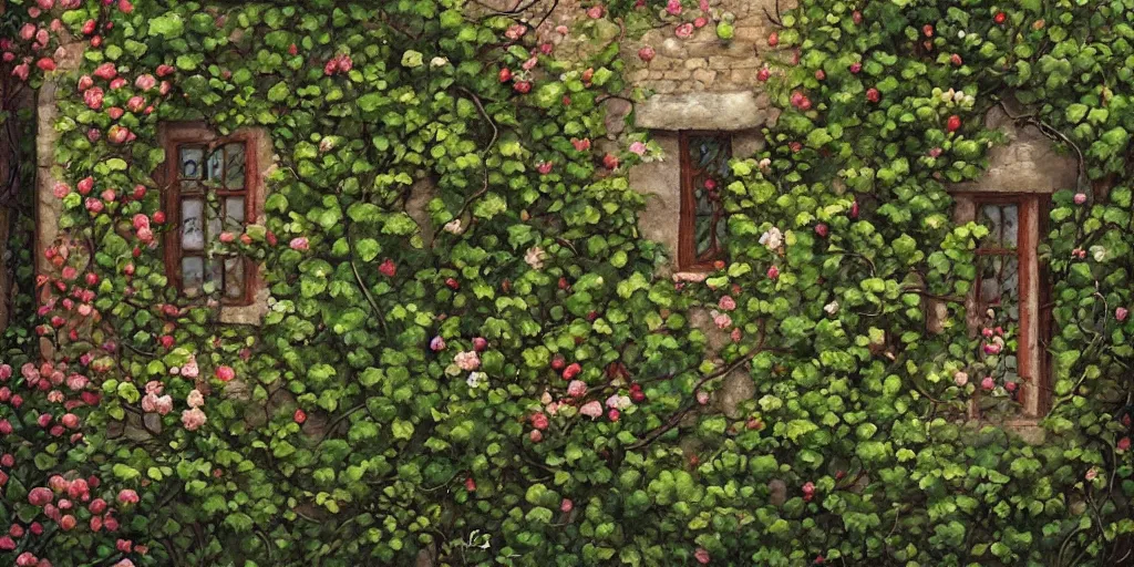Image similar to cottage wall, outside garden courtyard with vines and ivy growing up the wall, beautiful roses, flowers, unreal, fantasy, intricate, elegant, dramatic, highly detailed, photorealistic, digital painting, painterly, artstation, concept art, smooth, sharp focus, art by john collier and krenz cushart and artem demura and albert aublet