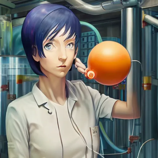 Image similar to British Pokemon original character with wild peach colored hair and heterochromia, Pixar style, beautiful woman, scientist, standing in a lab in front of a giant containment liquid filled tank, by Tristan Eaton Stanley Artgerm and Tom Bagshaw, Makoto Shinkai ilya kuvshinov and Wojtek Fus