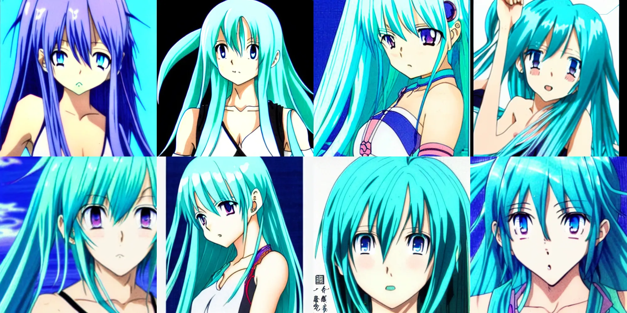 Prompt: cute aqua hair and aqua eyes anime young female, the shikishi