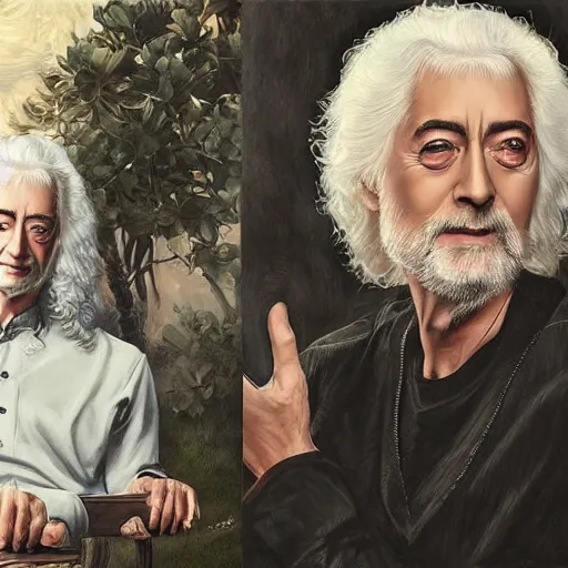 Image similar to amazing artgerm portrait of jimmy page in his 7 0 s as a christian - era painting, collaboration with j. scott campbell and artgerm with edward burn jones