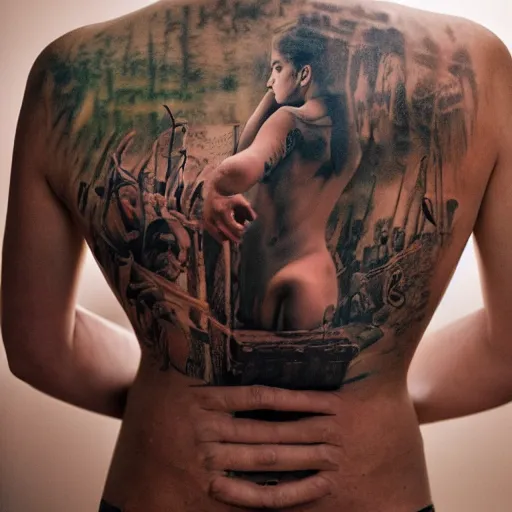 Image similar to a good morning back tattoo, by annie leibovitz and steve mccurry, natural light canon eos c 3 0 0, ƒ 1. 8, 3 5 mm, 8 k, medium - format print