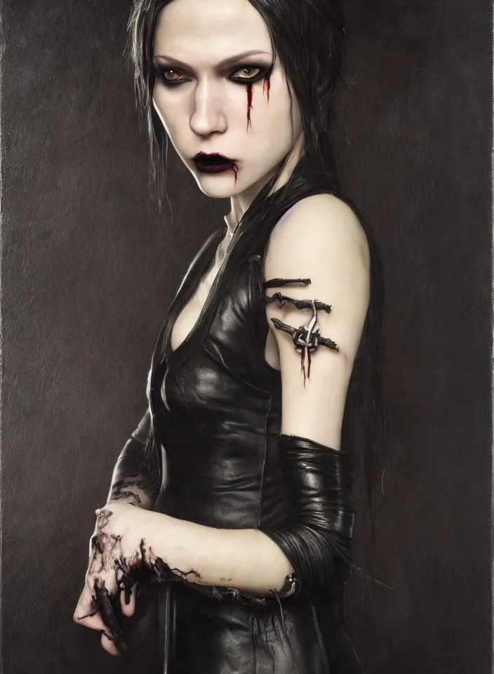 Image similar to a half portrait of a young female vampire sorceress wearing a black leather dress from skyrim, fantasy setting, beautiful face, dark colors, scary lighting, atmospheric, cinematic, moody, in the style of diego koi, gina heyer, luiz escanuela, art by alyssa monk, hyperrealism, rule of thirds, golden ratio, oil on canvas, 8 k