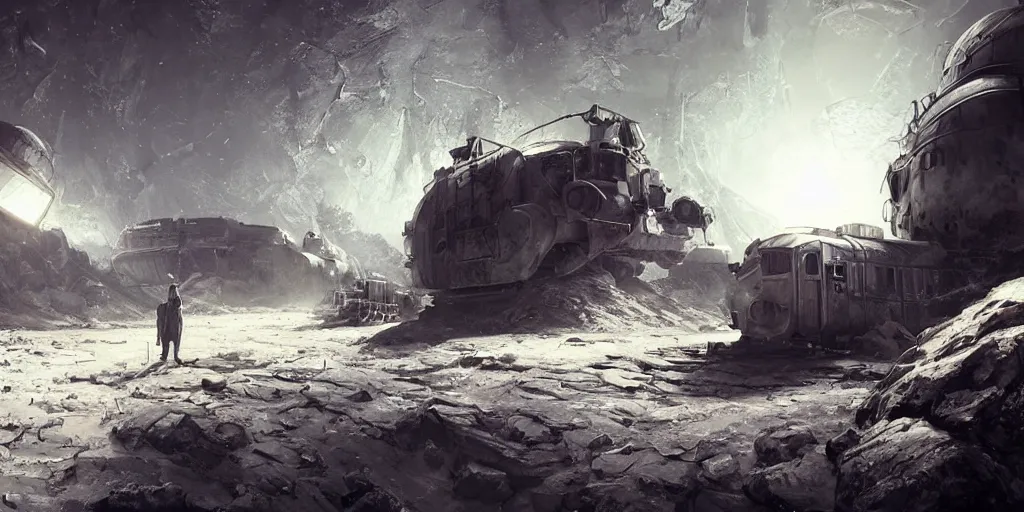 Image similar to ultra realistic illustration, an outdoor on the moon with an old broken train, lunar landscape, elegant, highly detailed, artstation, concept art, smooth, sharp focus, moody, dramatic lighting, art by wadim kashin