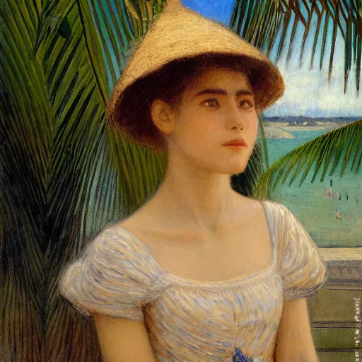 Image similar to a ultradetailed beautiful painting of a girl in the amazonas palace balustrade designed by jules bastien - lepage, tarsila do amaral, frank weston and gustave baumann, beach, trending on artstation, mediterranean, palm trees, hyper detailed face, sharp focus, soft light, 8 k 4 k