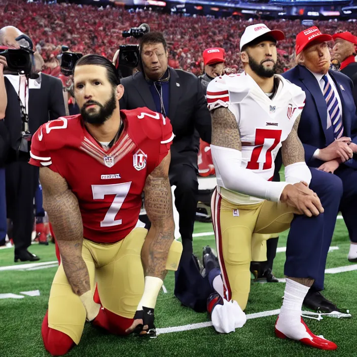 Prompt: donald trump jr. kneeling next to colin kaepernick on the sideslines of the nfl superbowl. closeup. heavy rain. 4 k television footage