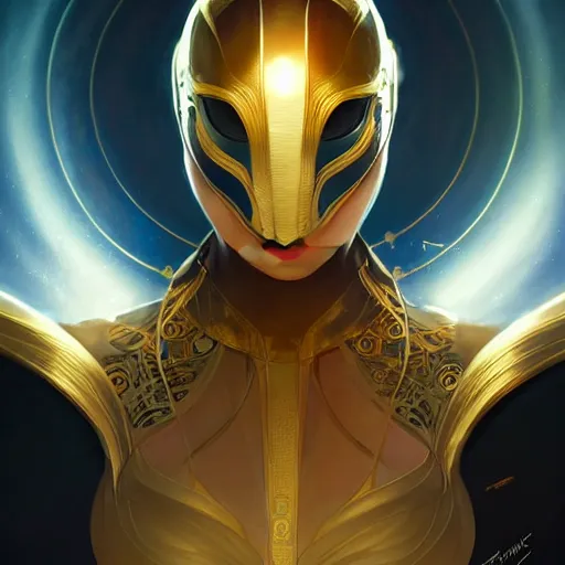 Image similar to superhero, sci fi, glowing eyes, volumetric lights, gold theme, art nouveau botanicals, intricate, highly detailed, digital painting, artstation, concept art, smooth, sharp focus, cinematic, illustration, beautiful face, art by artgerm and greg rutkowski and alphonse mucha