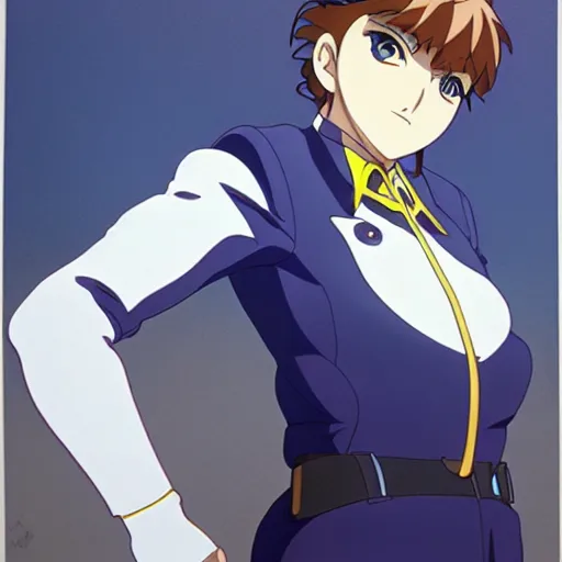 Prompt: close - up portrait of police woman, animation cel for anime movie, designed by haruhiko mikimoto, studio trigger, gainax, intense colors