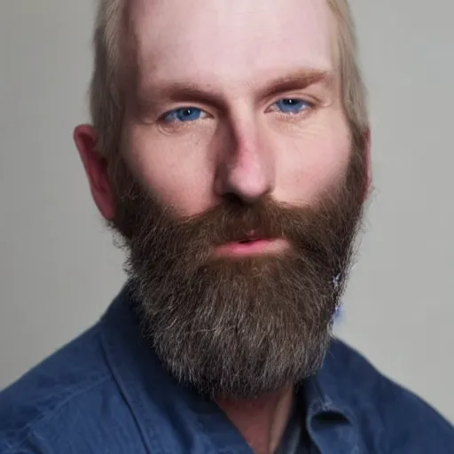 Image similar to photograph of a balding, bearded middle aged blond man, with dark blue eyes, and very pale skin