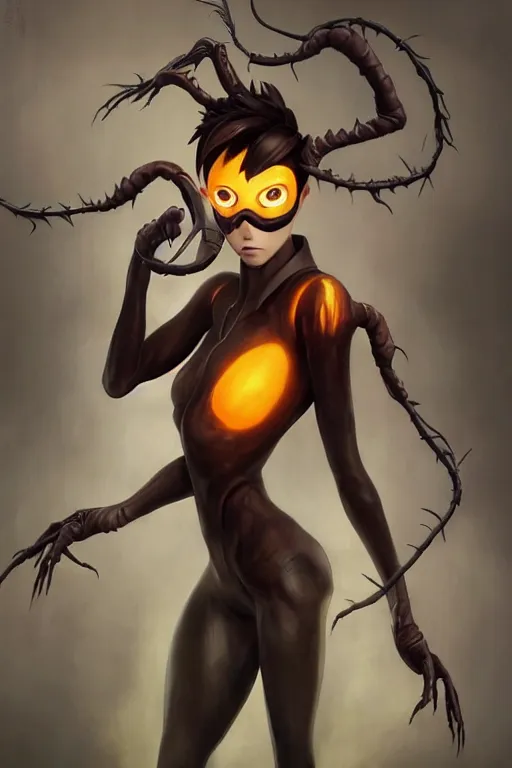 Image similar to dark full body painting of tracer from overwatch, in style of zdzisław beksinski, scary, horror, 4 k, feminine facial features, overwatch tracer character, horror, body horror, disturbing, detailed face, dressed in dark garment, black tendrils, tall, long legs,