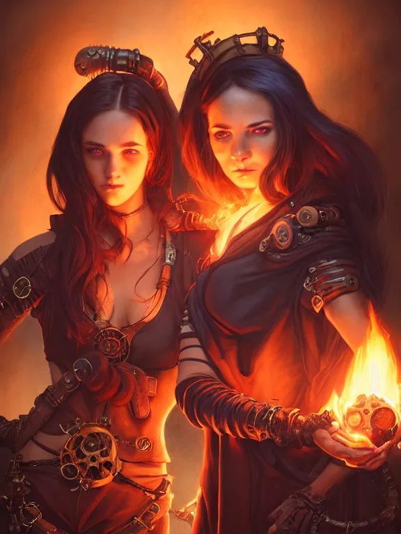 Image similar to a female pyromancer and a female necromancer standing together, lesbians, steampunk, fire and darkness background, detailed face, sharp focus, highly detailed, cinematic lighting, studio quality, colorful, smooth render, unreal engine 5 rendered, octane, rendered, by artgerm, greg rutkowski, alphonse mucha