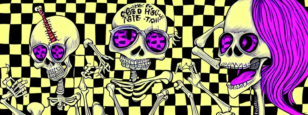 Prompt: ska skeleton and girlfriend, 80s checkerboard 666, digital art, chalk, ultra detailed by Tara McPherson and Gary Houston