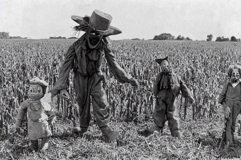 Image similar to disturbing scarecrow from the early 1 9 0 0's leading children into the cornfields