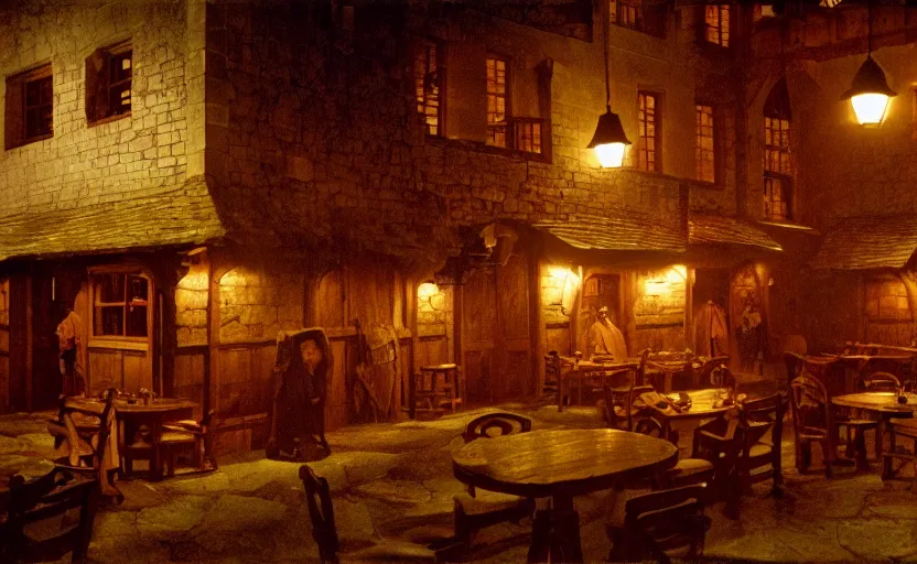 Prompt: Exterior shot of a medieval tavern with dark cinematic and atmospheric lighting by stanley kubrick, shot by 35mm film color photography