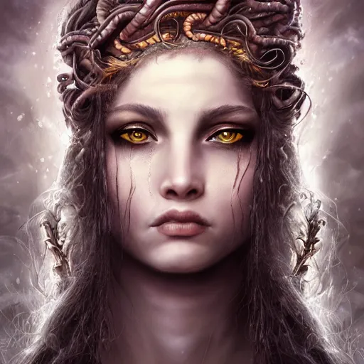 Image similar to an epic portrait of medusa, goddess, beautiful, detailed beautiful face, epic fantasy art, award winning on artstation, trending on deviantart, mystical atmosphere, mythology, high definiton, high detail, high quality, ultra realistic, hyper realistic, 4 k uhd,