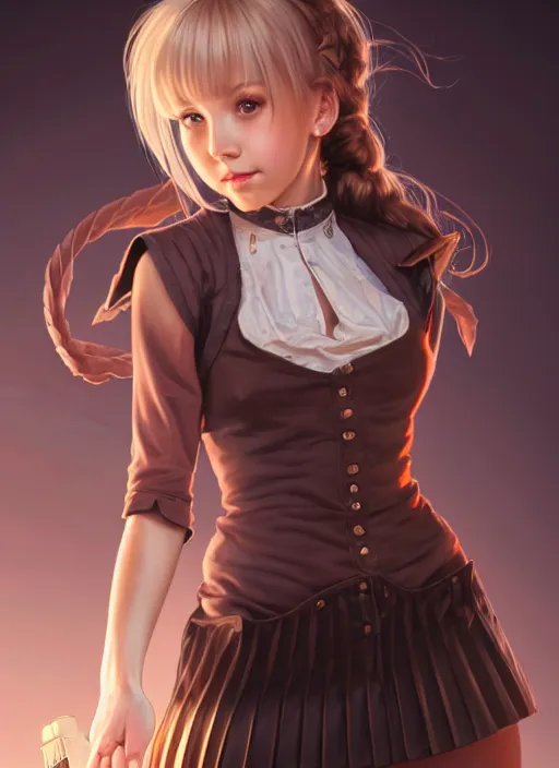 Image similar to portrait of a full body of beautiful young female detective, d & d, sleeveless turtleneck, pleated skirt, fantasy, flat lighting, intricate, highly detailed, digital painting, artstation, concept art, smooth, sharp focus, illustration, misa amane, art by simon bisley and greg rutkowski and alphonse mucha, natural tpose