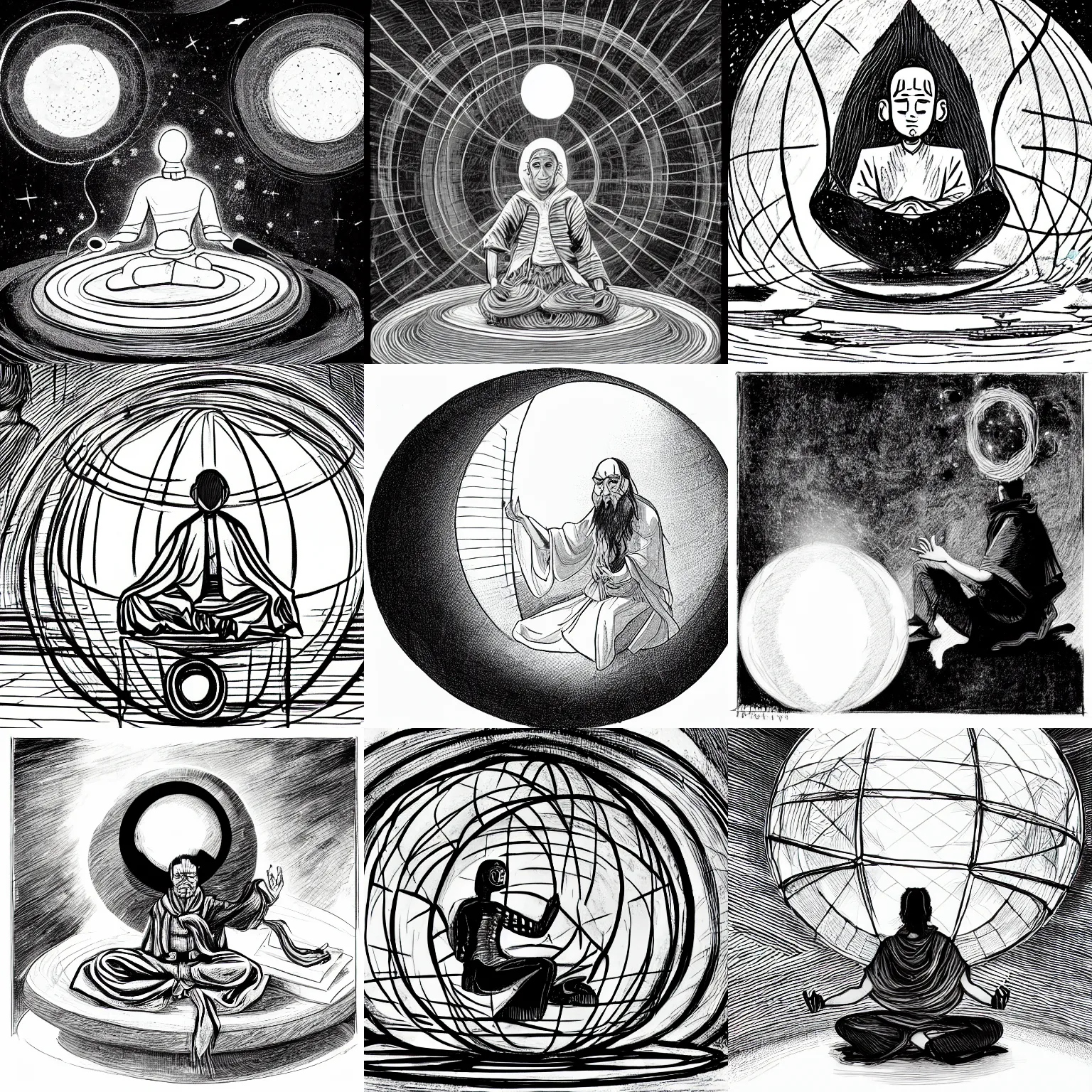 Prompt: a sorcerer meditating in front of a hovering sphere in an ancient study, concept art, illustration, line drawing, black and white,