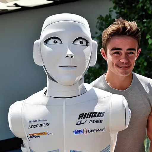 Image similar to f 1 driver charles leclerc, on display, posing like a statue, showing off his muscles, humanoid robot, who is a male android, shiny skin, made of ice, frozen ice statue, by the pool, a realistic detailed photo of a guy who is an attractive humanoid who is half robot and half humanoid, blank stare