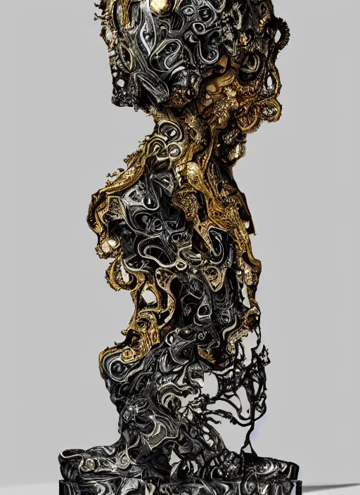 Prompt: marble sculpture of natalie portman, oil slick, palladium veins, dripping, mandelbulb, hypercube, ferrofluid, ivory carving, fractal paisley inlay, lace, intricate, elegant, highly detailed, gold inlay, metallic, ivory, artgerm, lace, by ruan jia, greg rutkowski, mucha, zbrush, nick alm