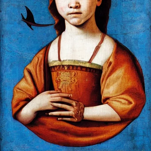 Image similar to a renaissance style portrait painting of Shark boy