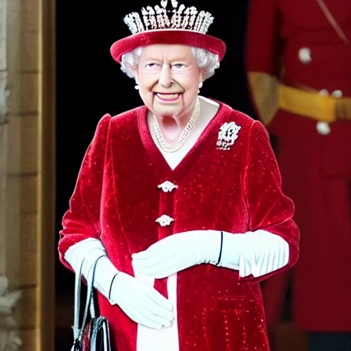 Image similar to queen elizabeth in a red velvet cake costume