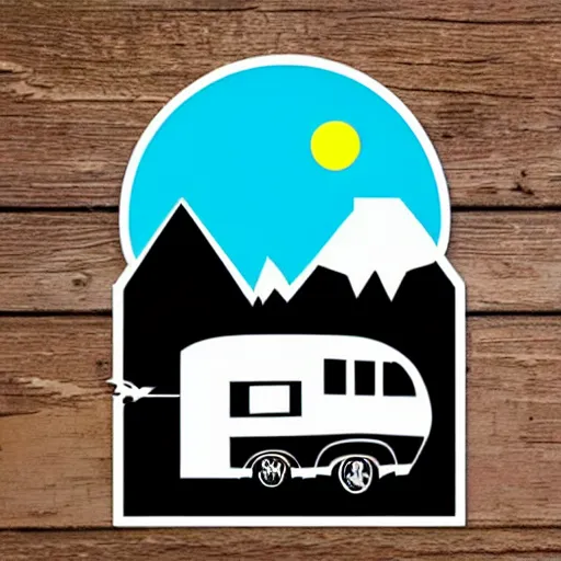 Image similar to white and black cute thor chateau! motorhome camper!!, mountains, colorful sunset!!, stencil, sticker!! by tom whalen
