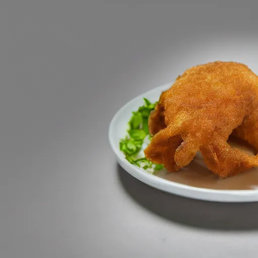 Prompt: photorealistic battered rat, professional food photography
