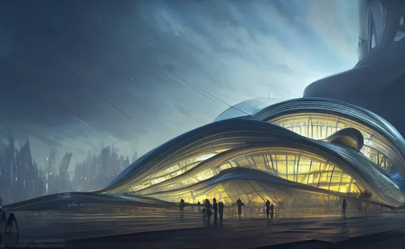 Image similar to exterior shot of utopian architecture transparent building with cinematic lighting by zaha hadid and renzo piano, darek zabrocki and greg ruthkowski, alphonse mucha, simon stalenhag, cinematic, stars, beautiful, holy place, paradise, scifi, futurism, atmospheric, concept art, artstation, trending on artstation