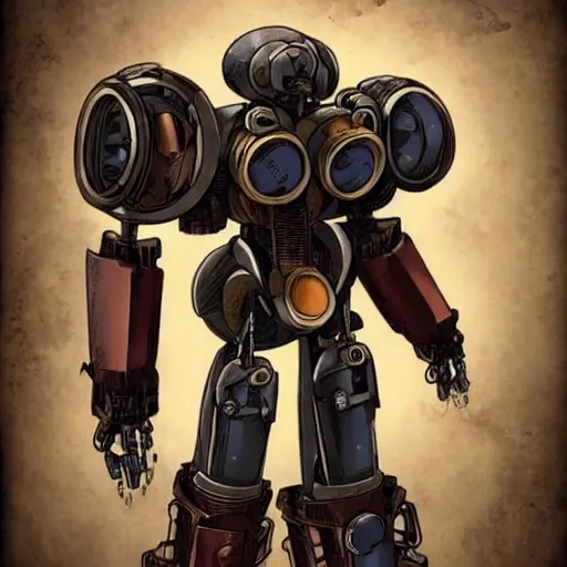 Image similar to a steampunk mech - suit designed to shoot down other mech - suits, anime, studio ghibli, steam, pipes, guns, copper, metal, slightly rusty, plain background, finely detailed, epic, intense, sparks, cinematic lighting,