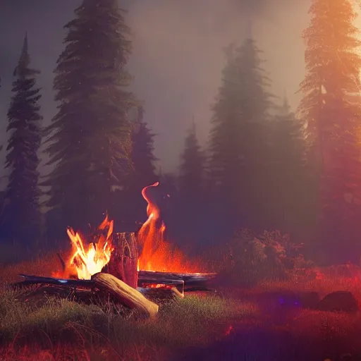 Image similar to a campfire in a surreal world, 8k resolution concept art hyperdetailed trending on Artstation Unreal Engine ominous photorealistic sunshine rays colourful beautiful bokeh ambient occlusion, dynamic lighting, stunning visuals, creative, concept art, trending on art station, ultra detailed