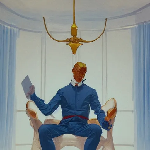 Prompt: seated man in white room, james jean art style, leyendecker art style