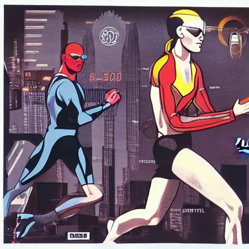 Image similar to Trinity the matrix, running as a sprinter athletic attire with cyborg legs, diesel punk, athletic footage, 1980's, olympics, cinematic, art deco