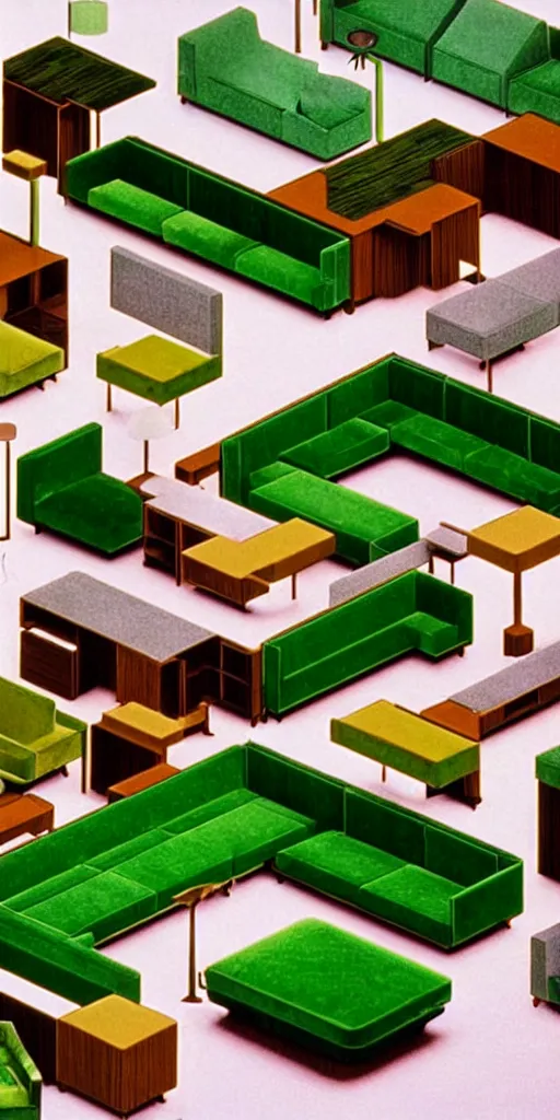 Image similar to huge sprawling gargantuan angular dimension of infinite indoor landscape 7 0 s green velvet and wood with metal office furniture. surrealism, mallsoft, vaporwave. muted colours, 7 0 s office furniture catalogue, shot from above, endless, neverending epic scale by escher and ricardo bofill