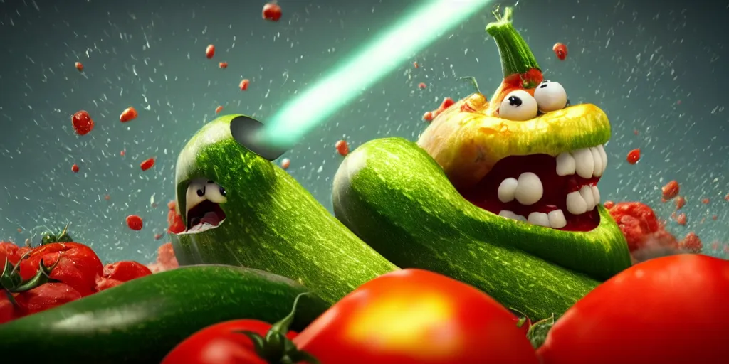 Image similar to detailed 3 d render of a raging zucchini!! character chasing!! down a desperate tomato!, high speed action, explosions, dramatic scene, hyper realistic octane render, cinematic lighting, deviantart, black sky, lowbrow, frame from pixar movie