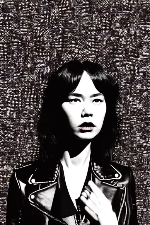 Image similar to dreamy rock girl, black leather jacket, detailed acrylic, grunge, perfect lighting. professional design. great composition, illustration by alex ross, yayoi kusama, peter lindbergh, 8 k