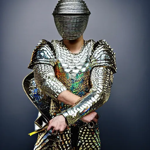 Prompt: a portrait of a beautiful young male wearing an alexander mcqueen armor made of holographic scales , photographed by andrew thomas huang, artistic