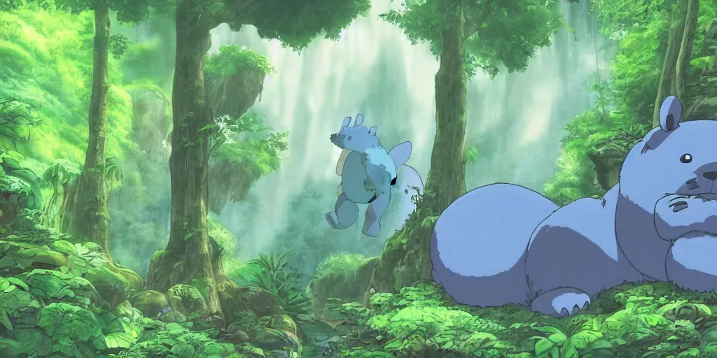 Image similar to blue bear shaped like totoro looking into large cave entrance in a lush forest with waterfalls, beautiful ambiance, studio ghibli style, by hayao miyazaki, sharp focus, highly detailed, 4k