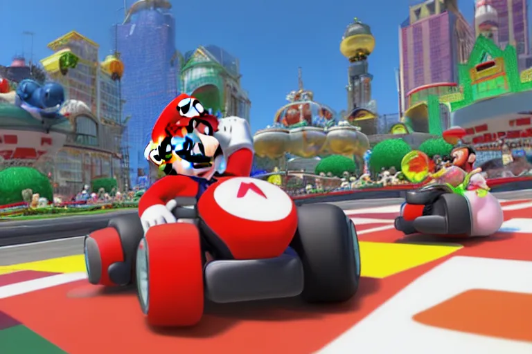 Image similar to mario kart in tiannmen square, ingame screenshot, highly detailed