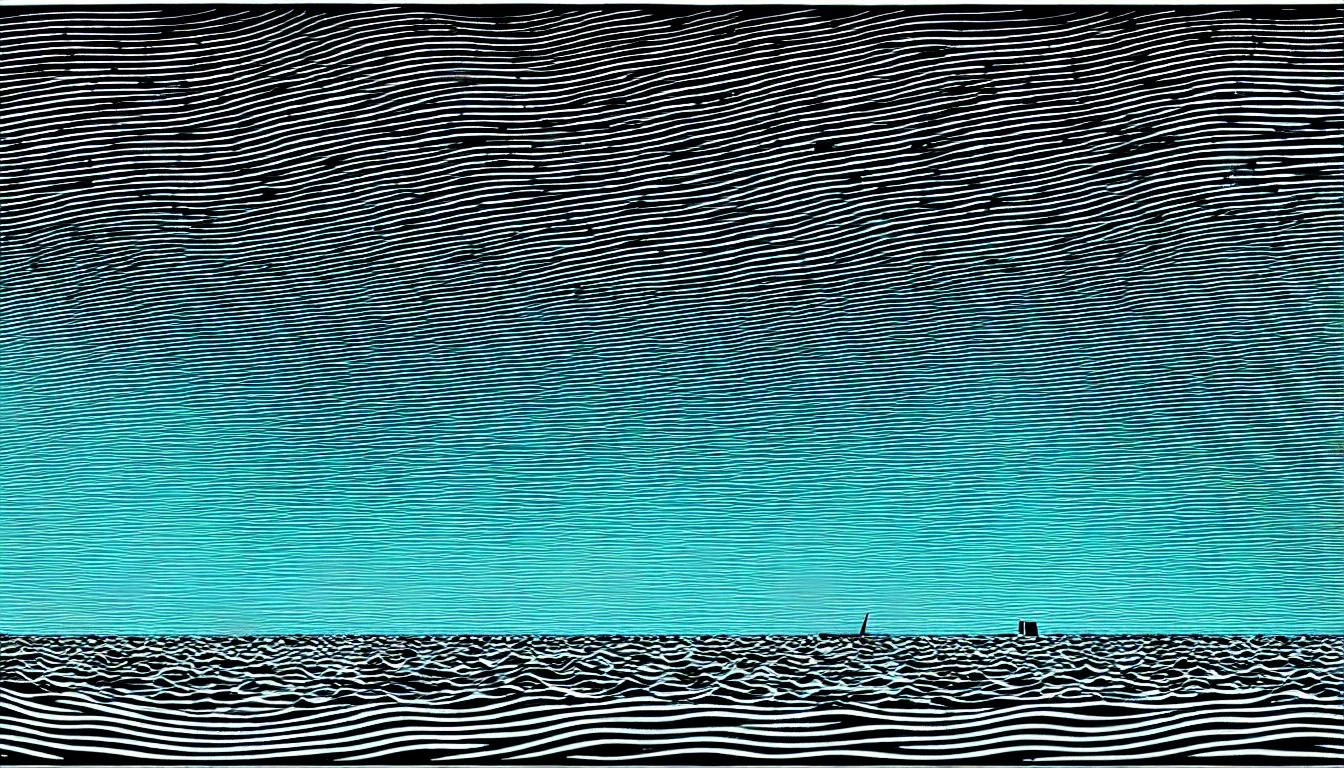 Prompt: under ocean wave by dan mumford and peter doig and edward hopper, symmetrical, minimal, black ink, thick lines highly detailed, muted colours 8 k