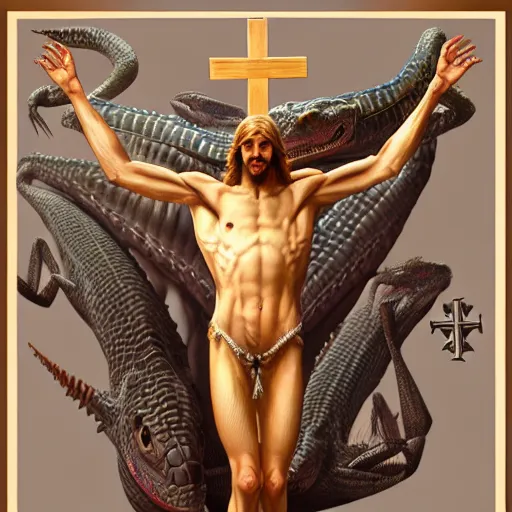 Image similar to fullbody!! entire body, dynamic action pose, jesus christ as a scaly cold blooded reptilian lizard crucified, intricate, humorous, holy cross, religious, absurd, highly detailed, digital painting, artstation, concept art, smooth, sharp focus, illustration, art by artgerm and greg rutkowski and alphonse mucha