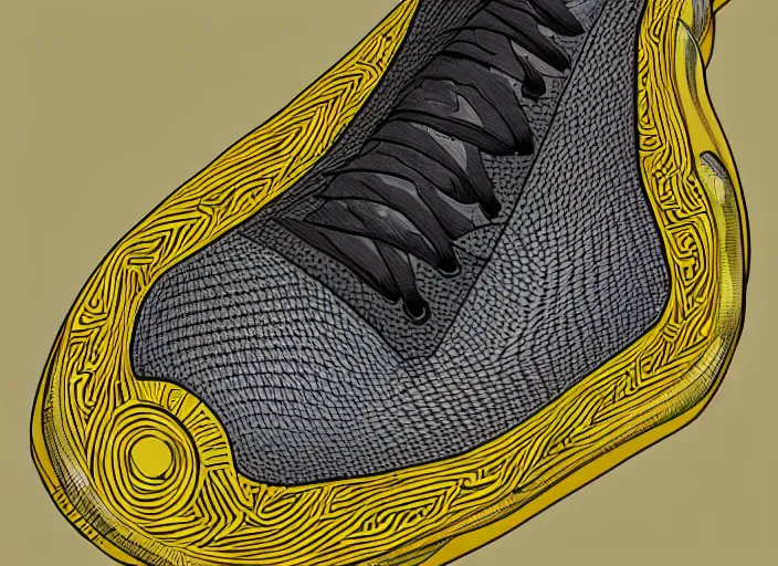 Image similar to sneaker concept, wth short golden lines, yellow details, highly detailed, digital art, sharp focus, trending on art station, anime art style