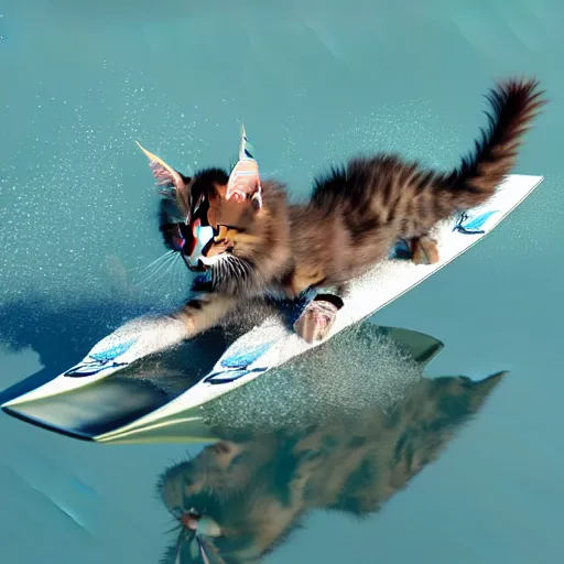 Prompt: Maine coon kitten is a Water skiing champion, action shot. 3D render