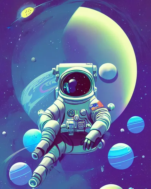 Prompt: wide shoot an ethereal cosmonaut lie relaxed on a crescent moon between the stars and the planets in outer space, cosmonaut post grunge concept art,high detail,4k, trending on artstation by josan gonzalez and alex gray and tyler edlin